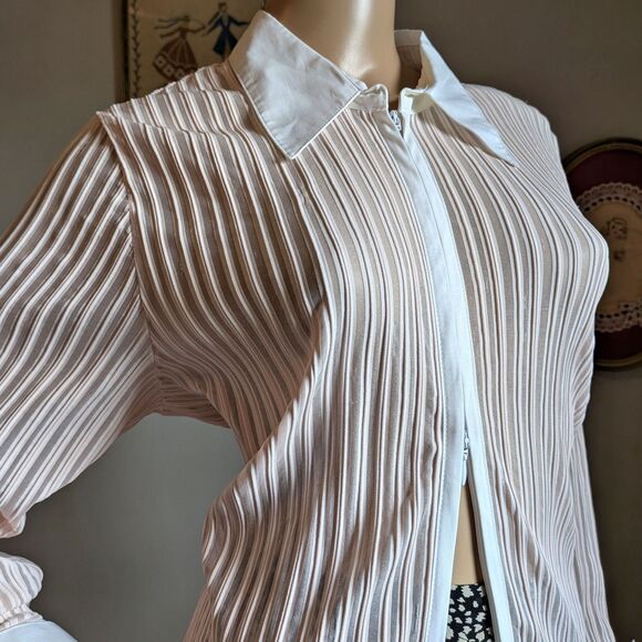 Vintage Y2K Liz Claiborne Blouse Zip Front Pink Striped Mesh Plus Size 1X Petite - Picture 9 of 11
